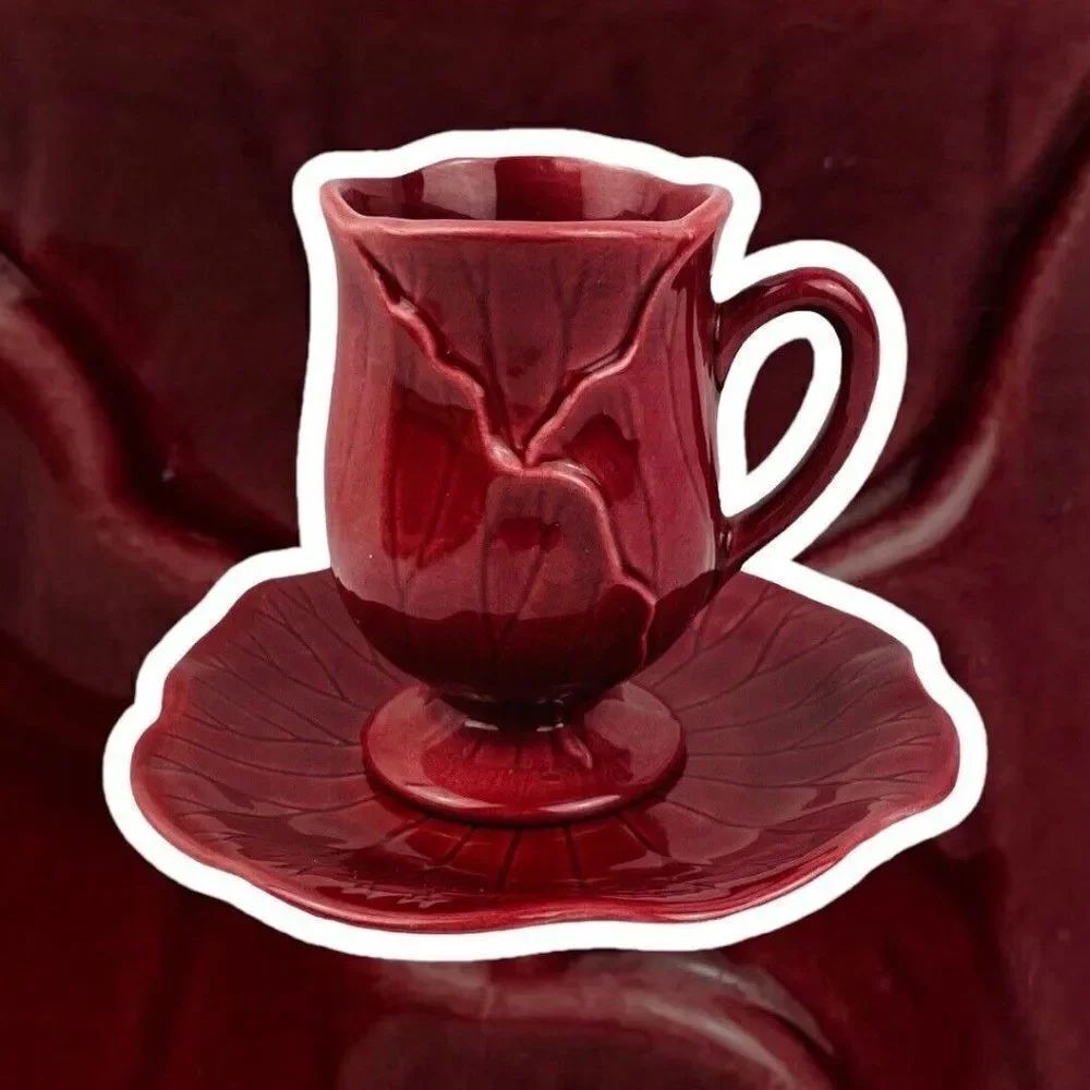 Vintage Metlox Poppytrail Lotus Cranberry Pedestal Mug Cup and Saucer USA 1179